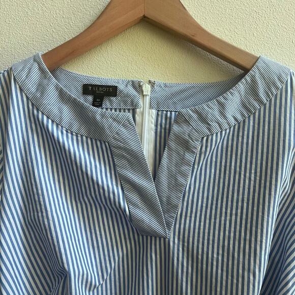 TALBOTS Cotton Blue and White Striped Flutter Sleeve Tie Waist Dress 4P Nautical - Picture 3 of 7